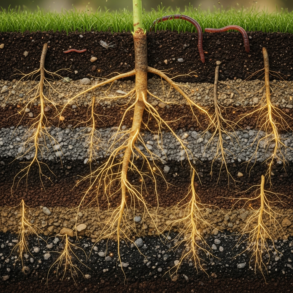 Doorsnede van vruchtbare grond met glinsterende wortels